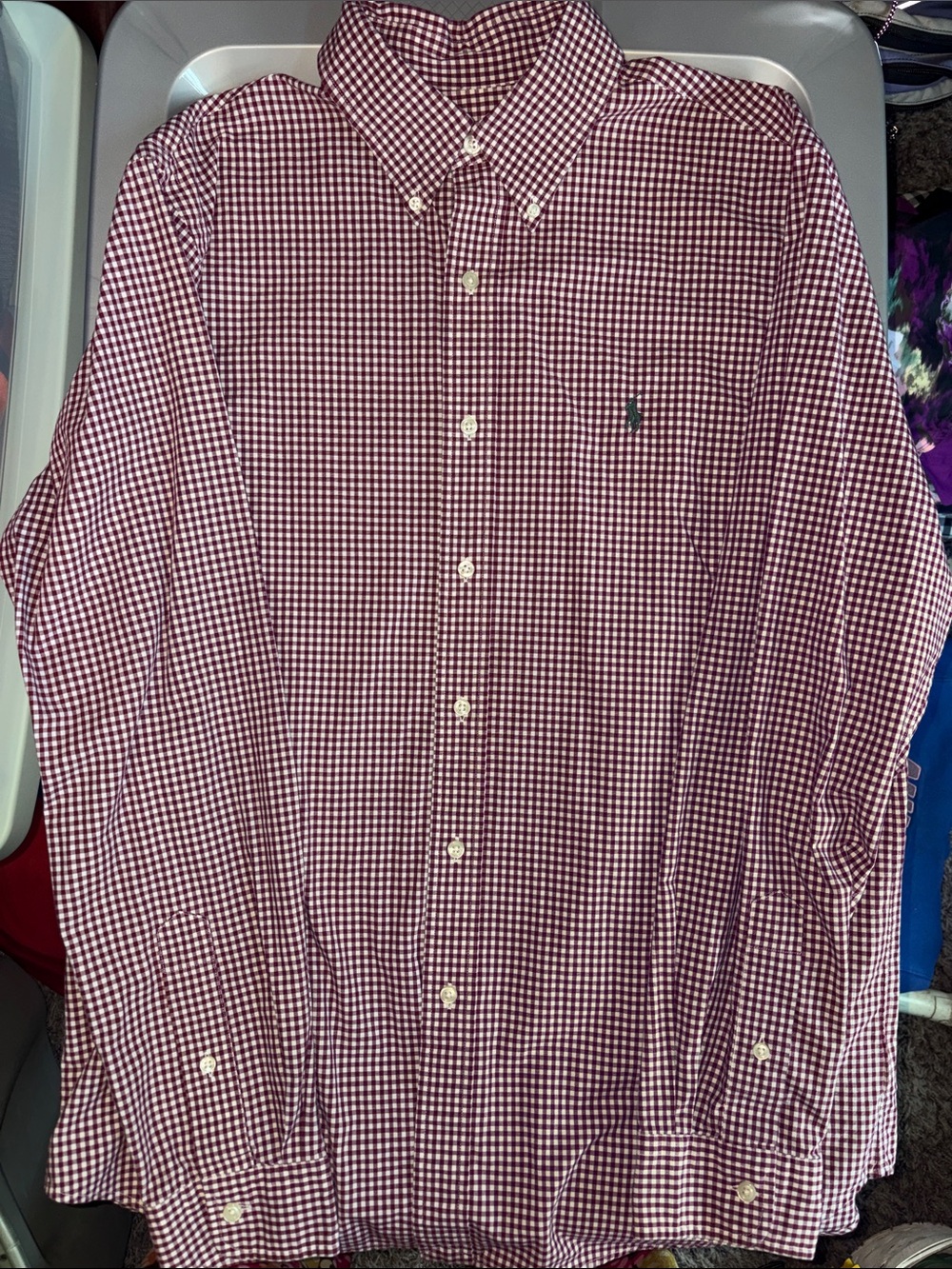 Ralph Lauren Burgundy and White Gingham Button-Down Shirt